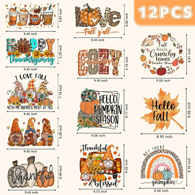 NANZHOO 12 Sheets Fall DTF Transfers Ready to Press Iron on Transfers for T-Shirts,Pumpkin Fall Iron on Patches for Shirt Clothes Bag Pillow DIY Craft, Thanksgiving Heat Transfer Vinyl Stickers Iron on Decal - Image 5